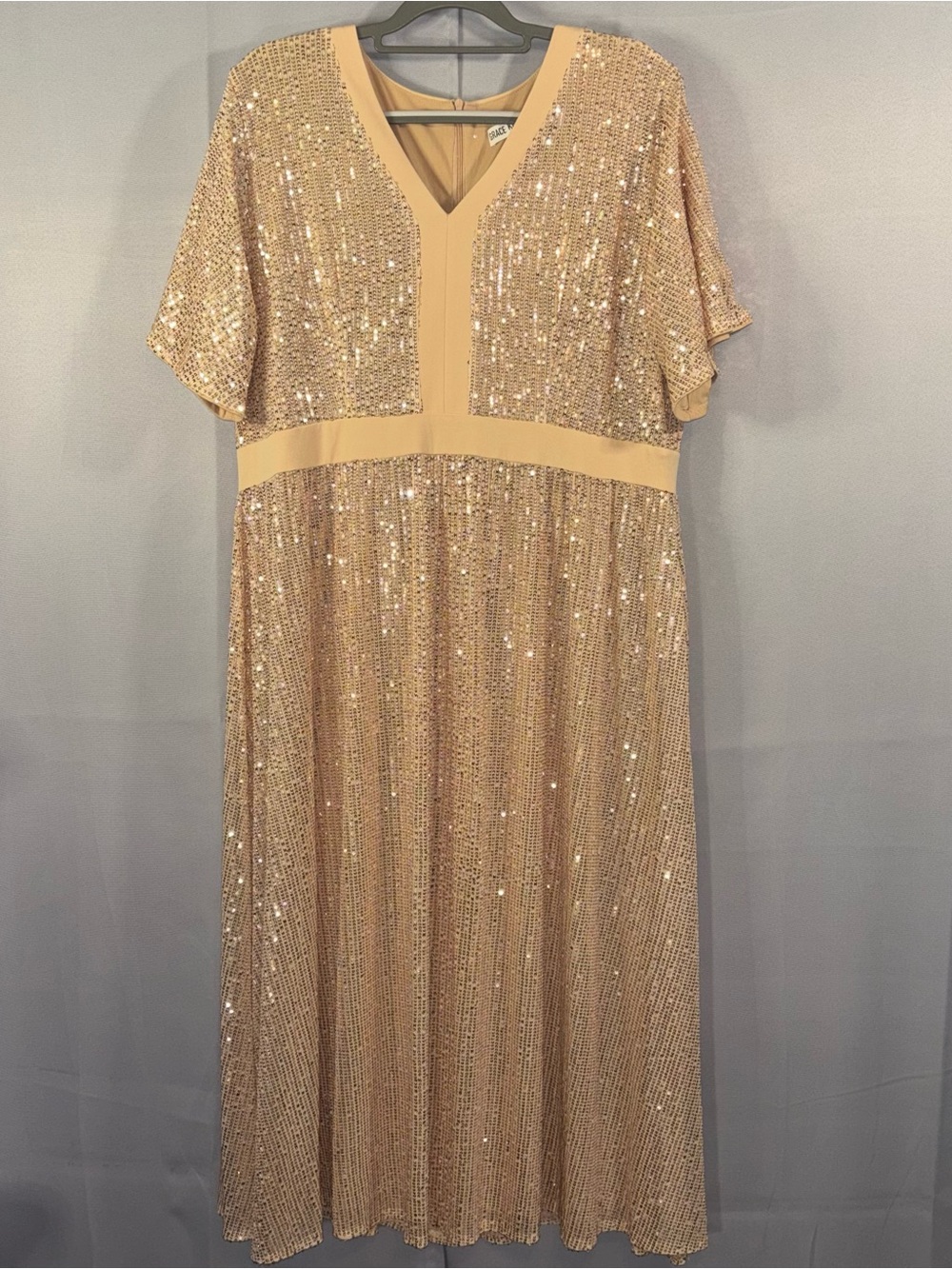 Grace Karin Sequin V-Neck Ruffle Sleeve Maxi Dress 2XL Rose Gold
